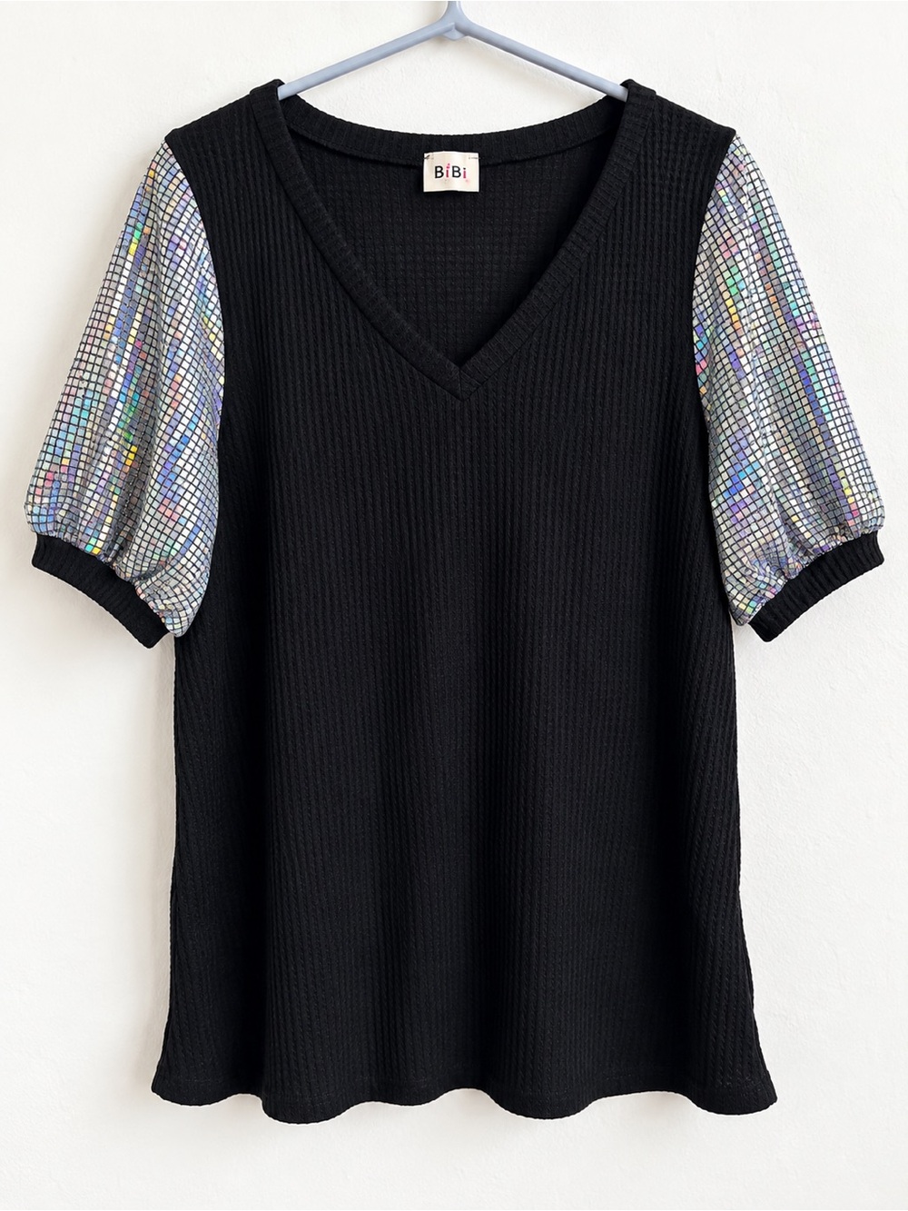 BiBi Black Waffle Knit V-Neck Top Iridescent Sequin Puff Sleeves Sparkle Y2K